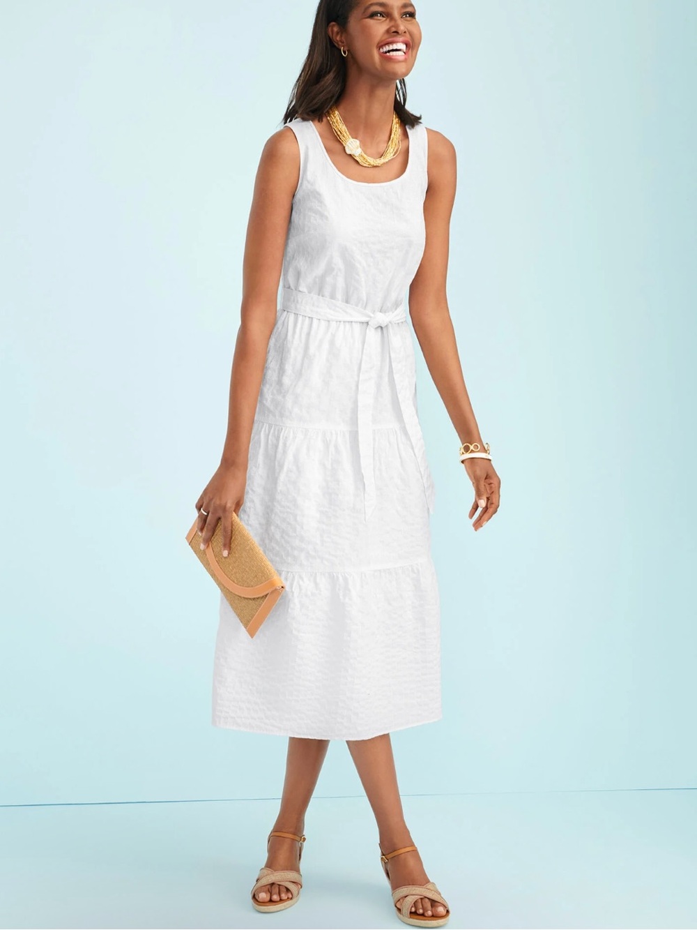Talbots Tonal Stripe Tiered Maxi Dress in White Size Large
